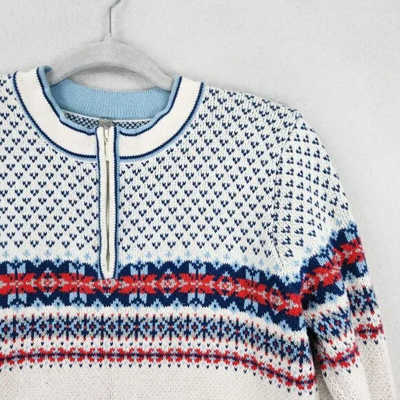 Hanna Andersson Sweater Womens Small White Blue Fair Isle Quarter Zip Pullover - Picture 2 of 12